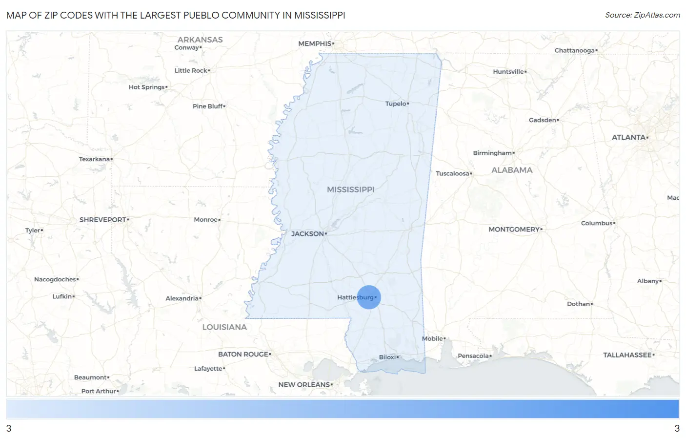 Zip Codes with the Largest Pueblo Community in Mississippi Map