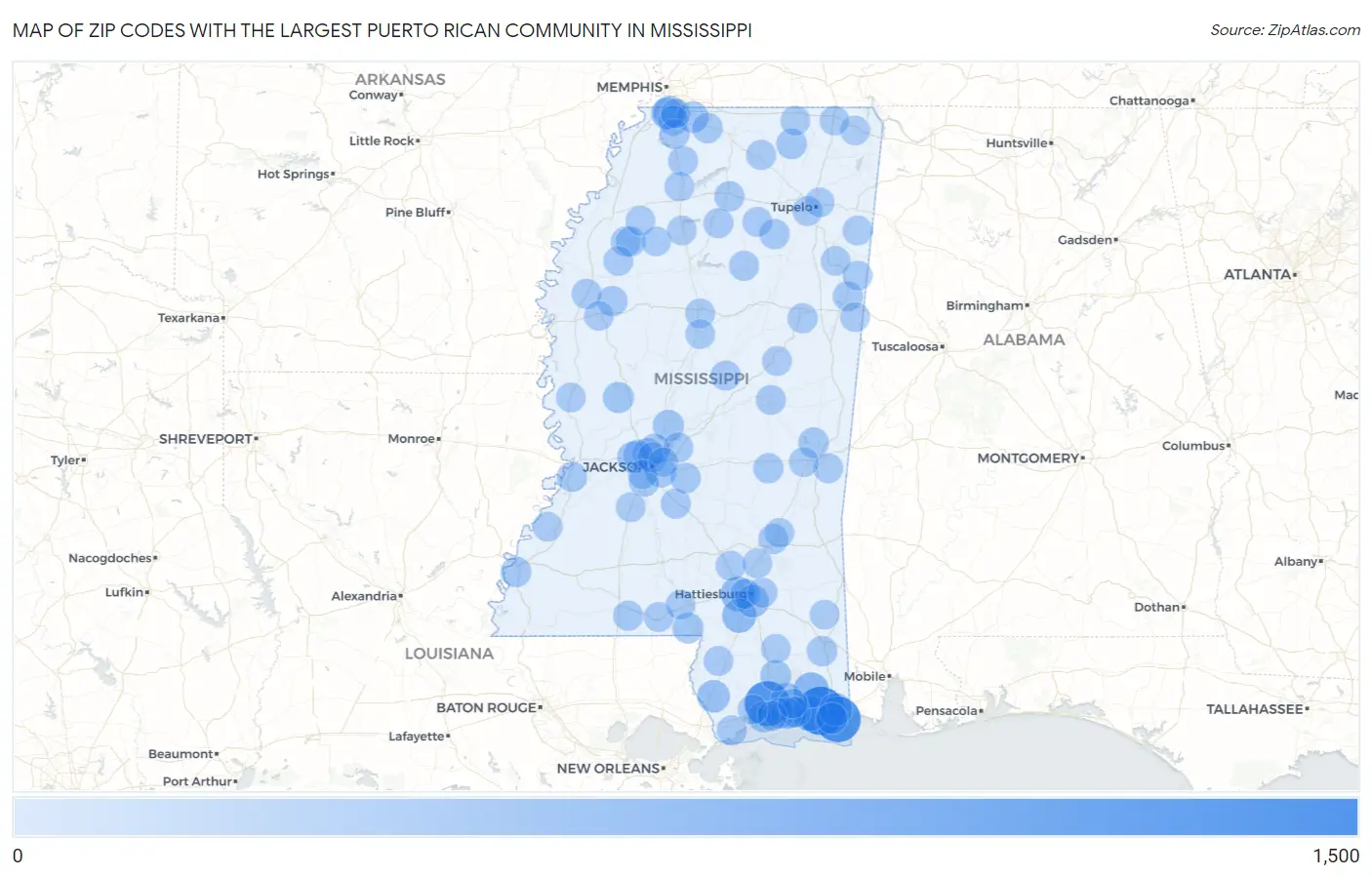 Zip Codes with the Largest Puerto Rican Community in Mississippi Map
