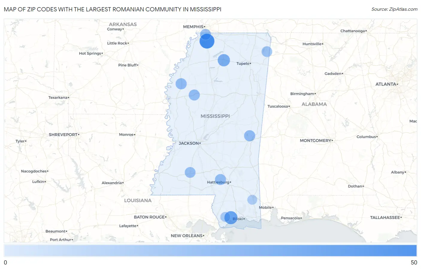 Zip Codes with the Largest Romanian Community in Mississippi Map