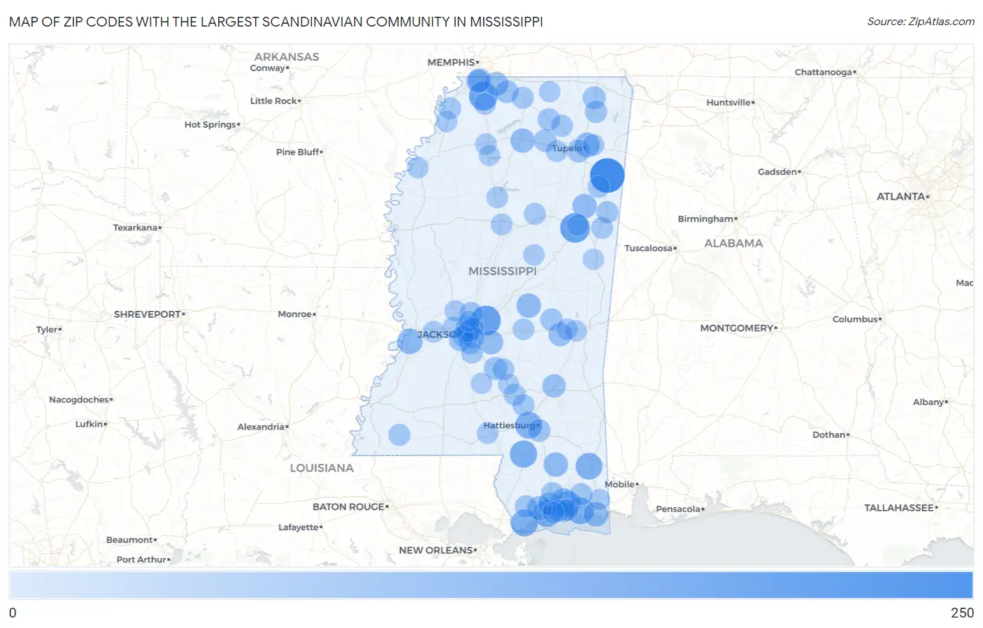 Zip Codes with the Largest Scandinavian Community in Mississippi Map