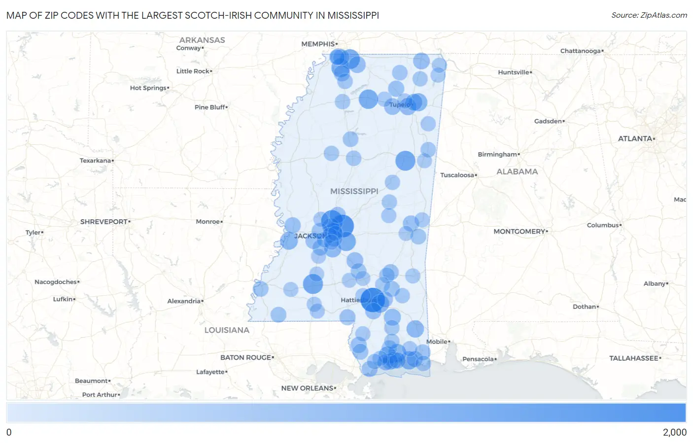 Zip Codes with the Largest Scotch-Irish Community in Mississippi Map