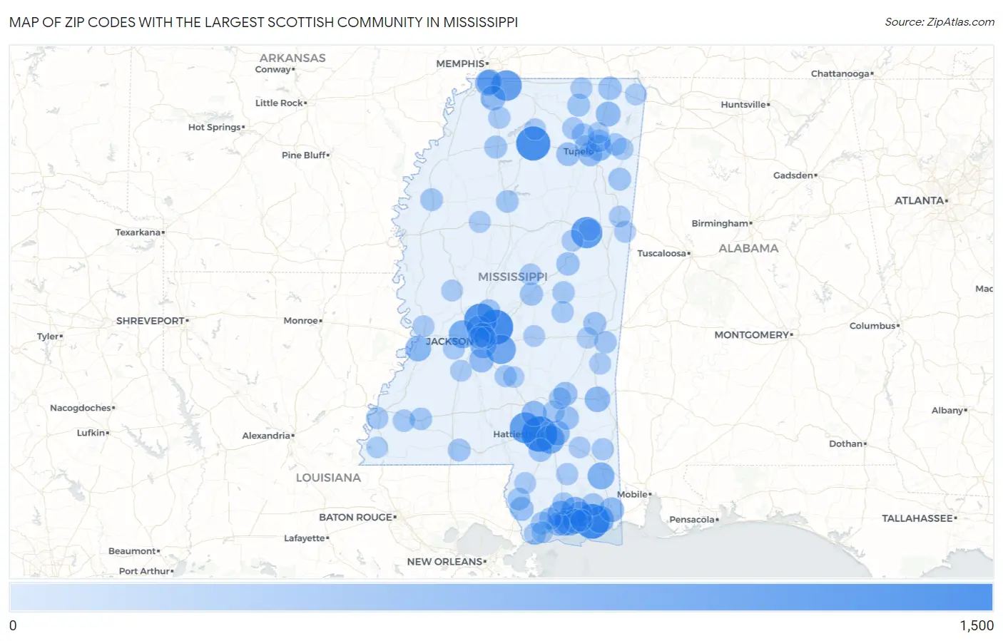 Zip Codes with the Largest Scottish Community in Mississippi Map