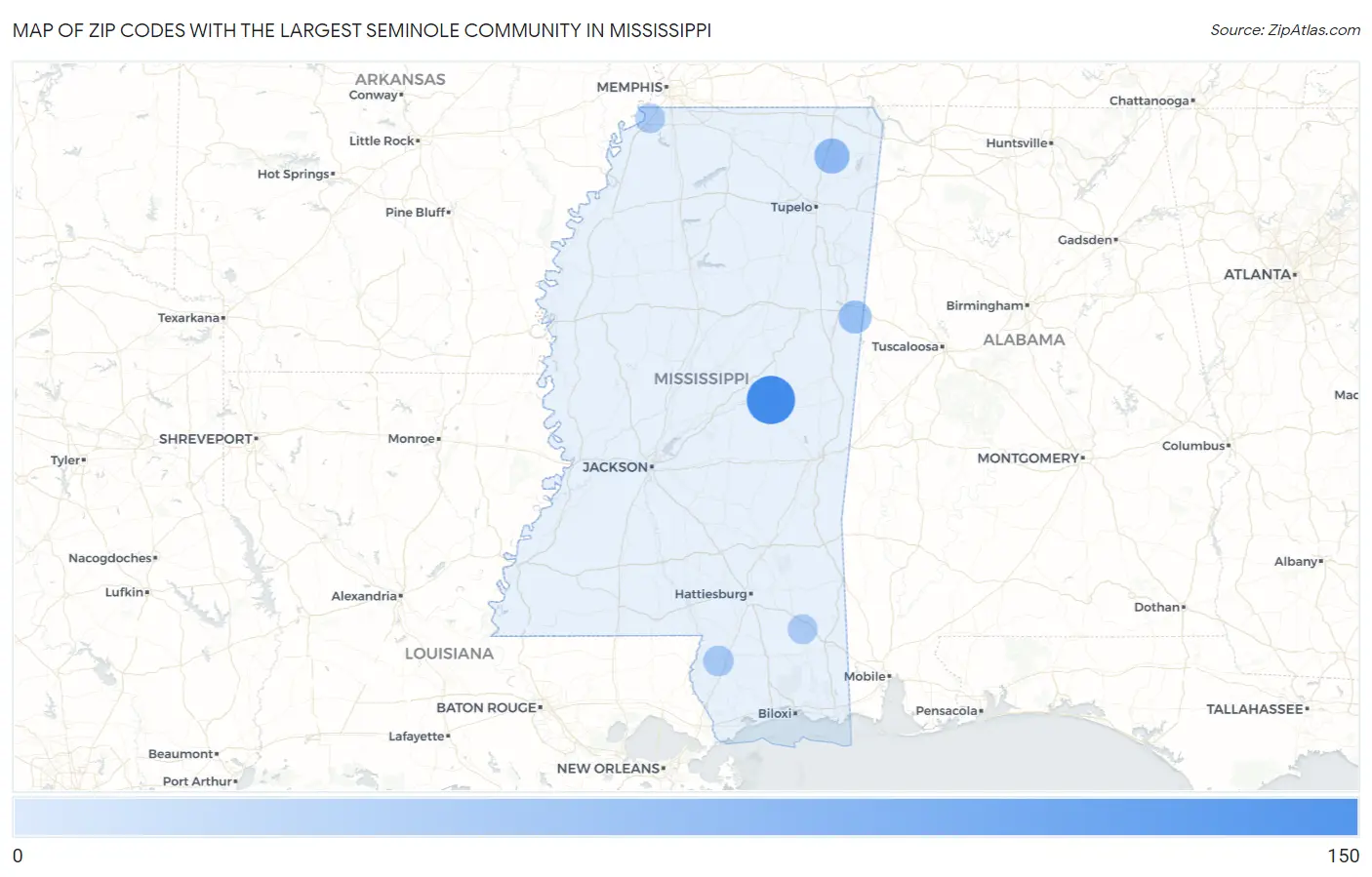 Zip Codes with the Largest Seminole Community in Mississippi Map