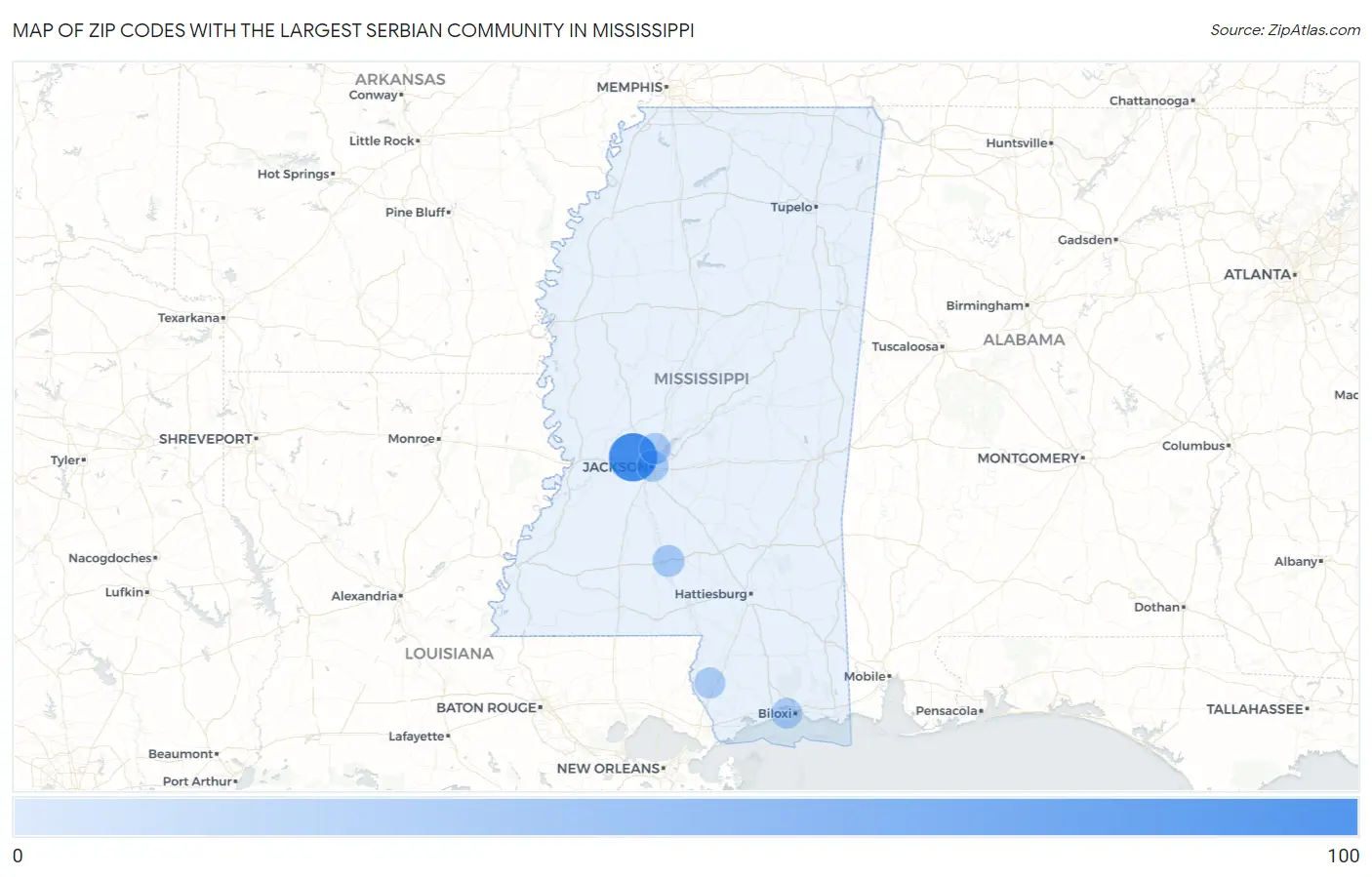 Zip Codes with the Largest Serbian Community in Mississippi Map