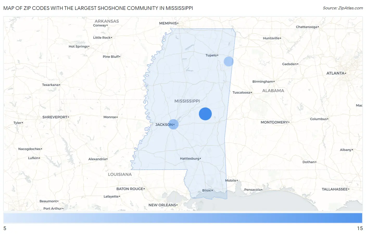 Zip Codes with the Largest Shoshone Community in Mississippi Map