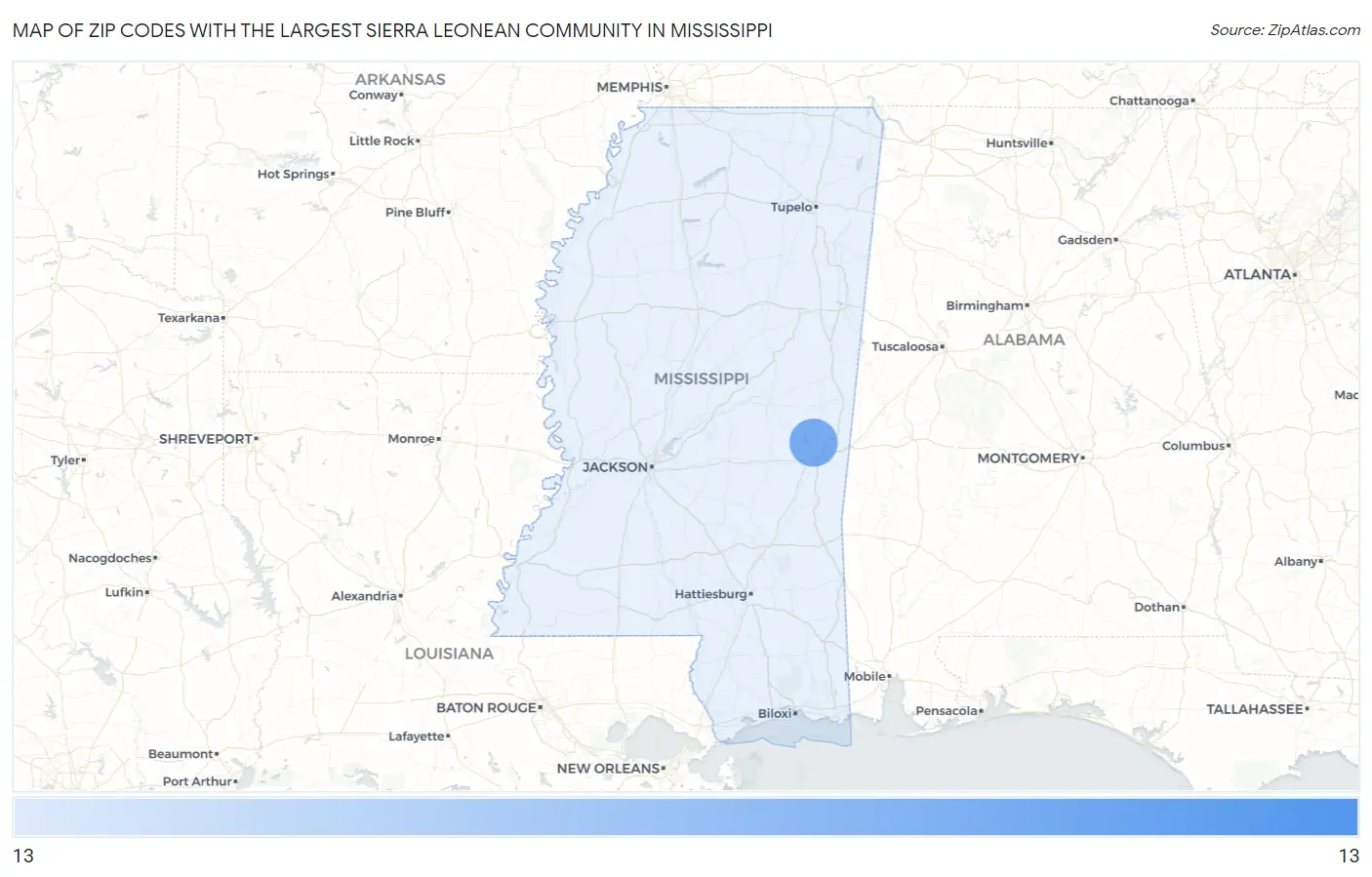 Zip Codes with the Largest Sierra Leonean Community in Mississippi Map