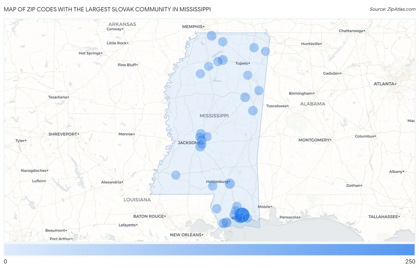 Zip Codes with the Largest Slovak Community in Mississippi Map