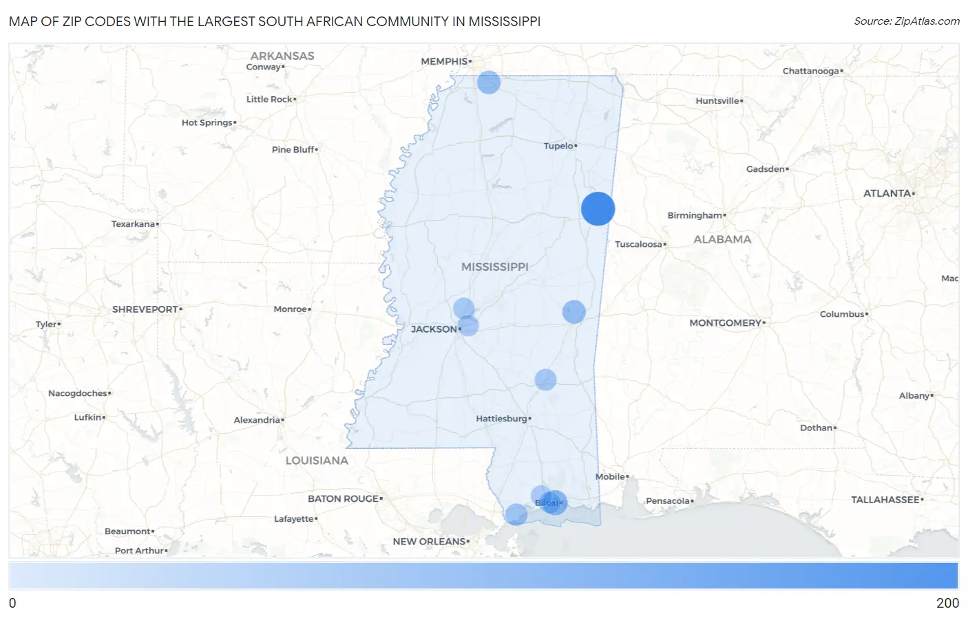 Zip Codes with the Largest South African Community in Mississippi Map