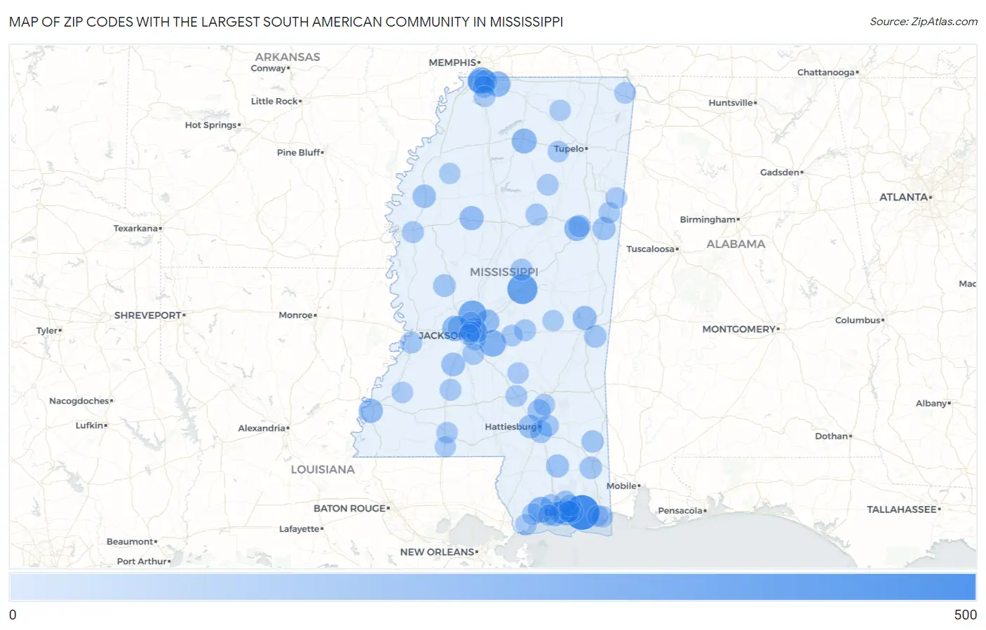 Zip Codes with the Largest South American Community in Mississippi Map