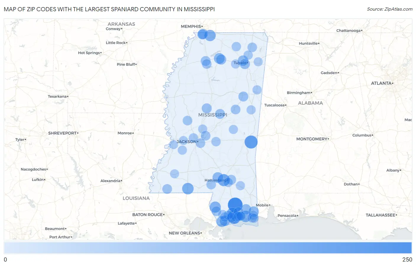 Zip Codes with the Largest Spaniard Community in Mississippi Map