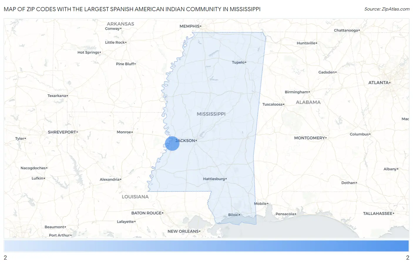 Zip Codes with the Largest Spanish American Indian Community in Mississippi Map