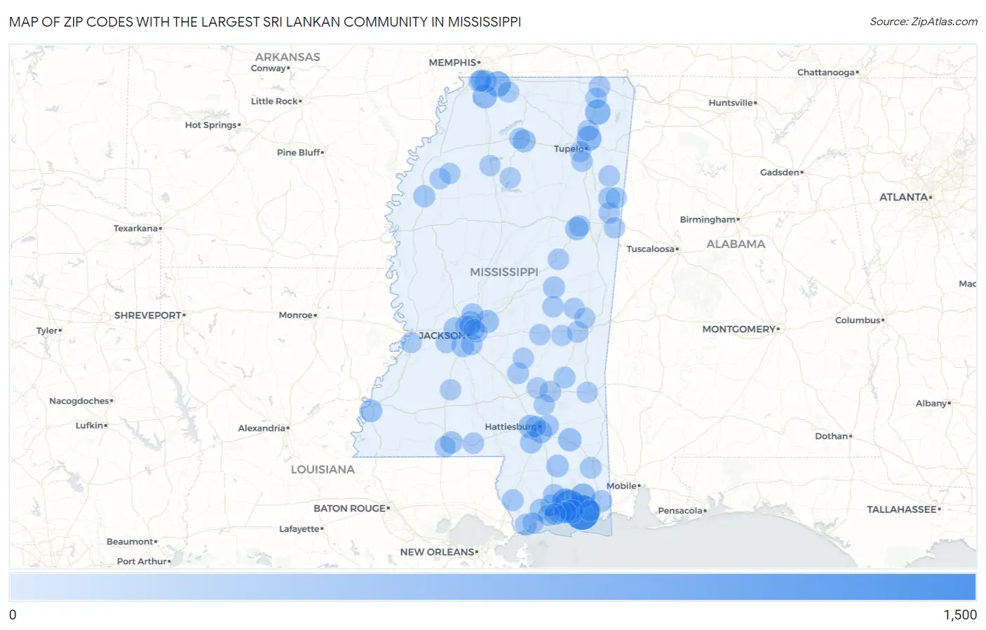 Zip Codes with the Largest Sri Lankan Community in Mississippi Map