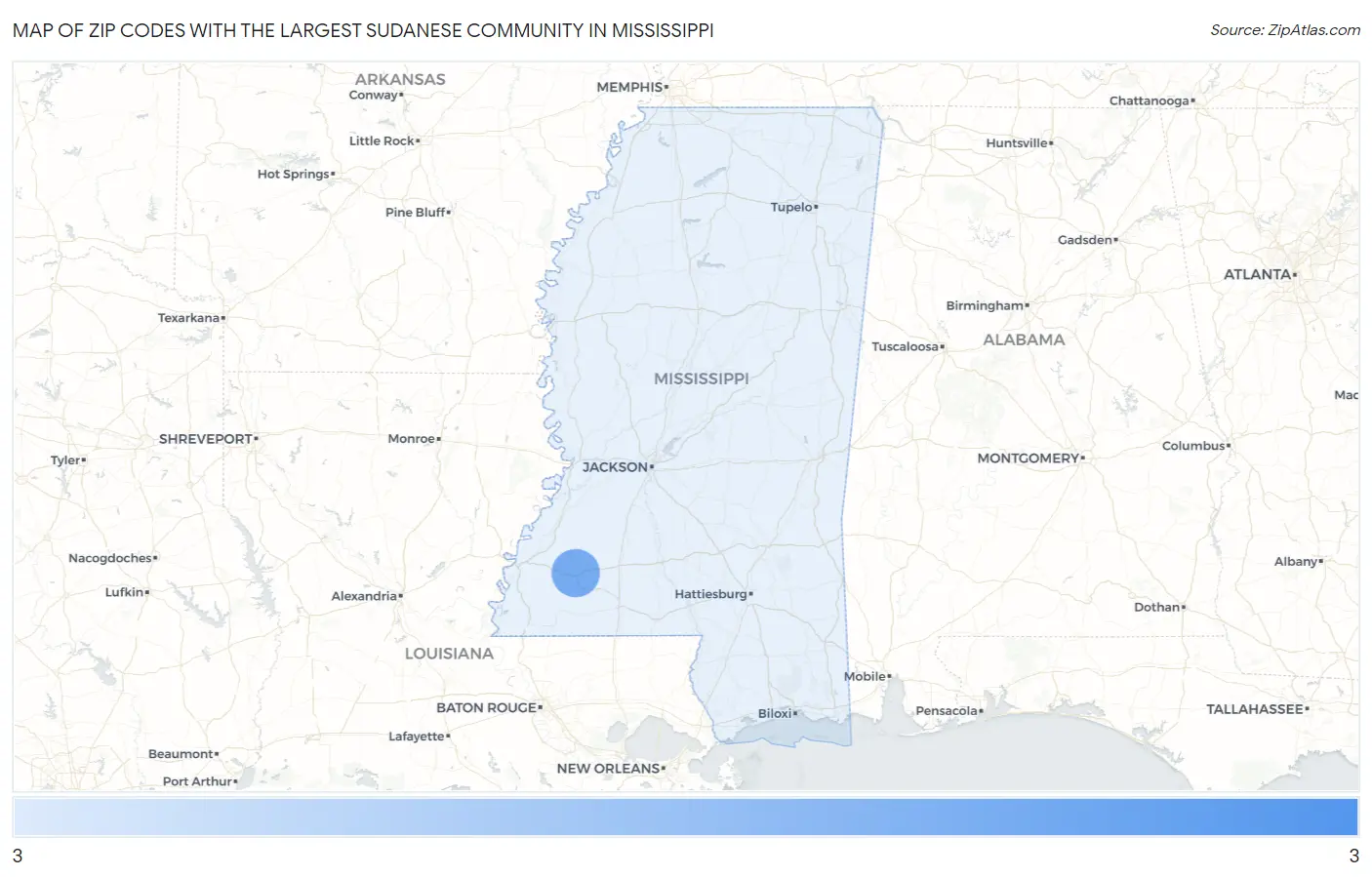 Zip Codes with the Largest Sudanese Community in Mississippi Map