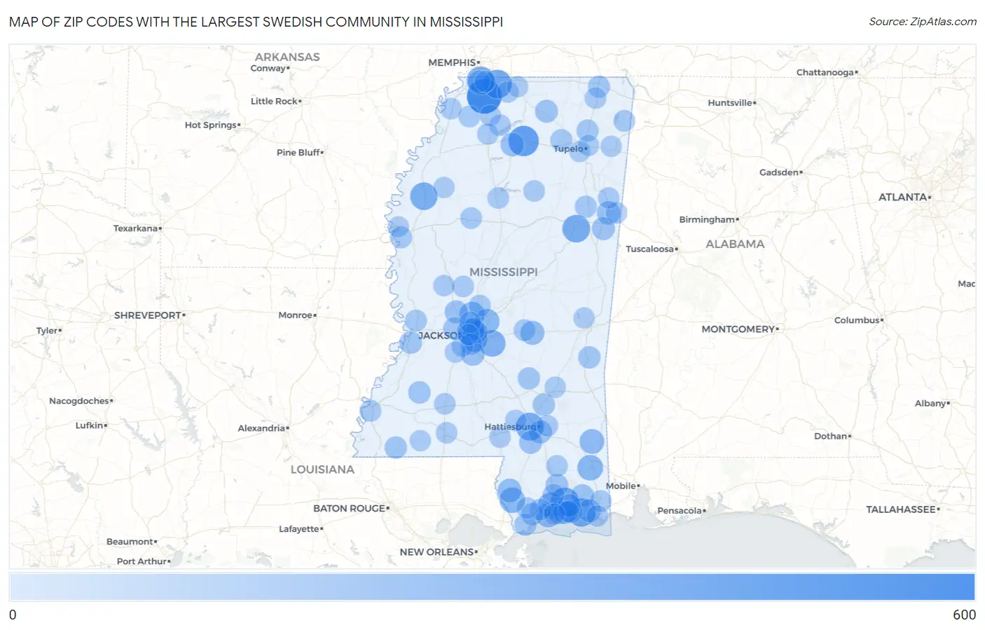 Zip Codes with the Largest Swedish Community in Mississippi Map