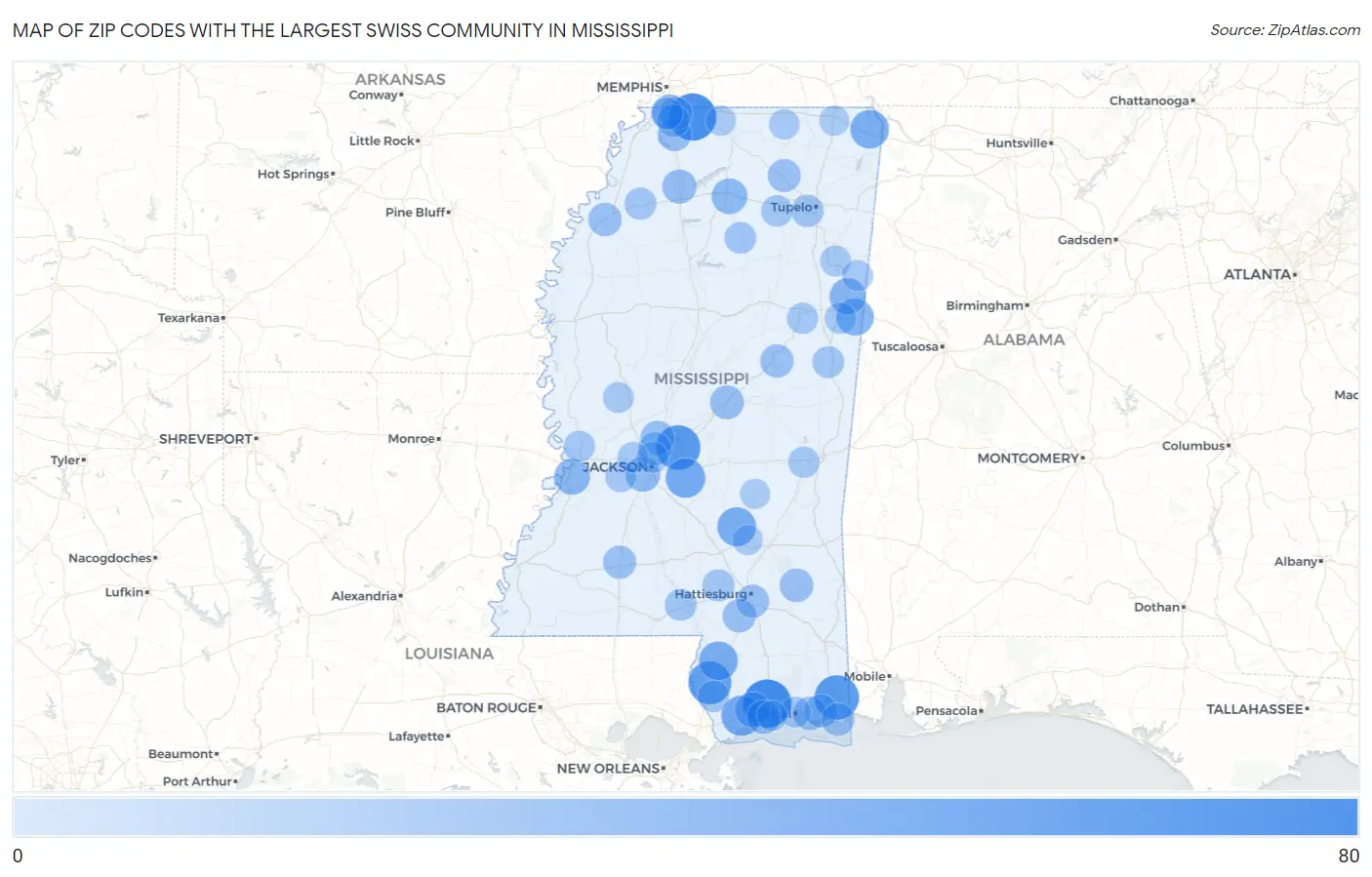 Zip Codes with the Largest Swiss Community in Mississippi Map