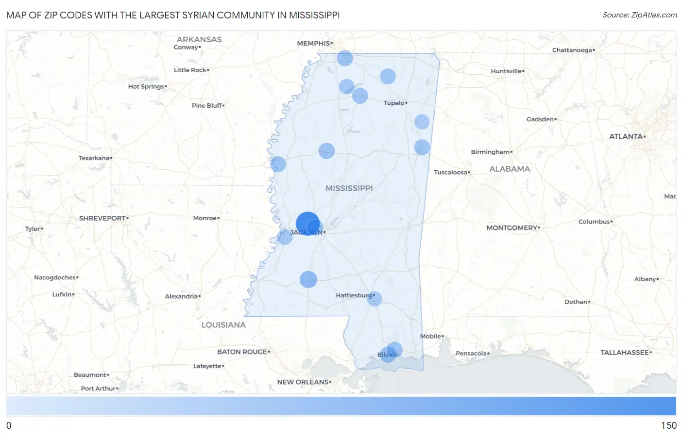 Zip Codes with the Largest Syrian Community in Mississippi Map