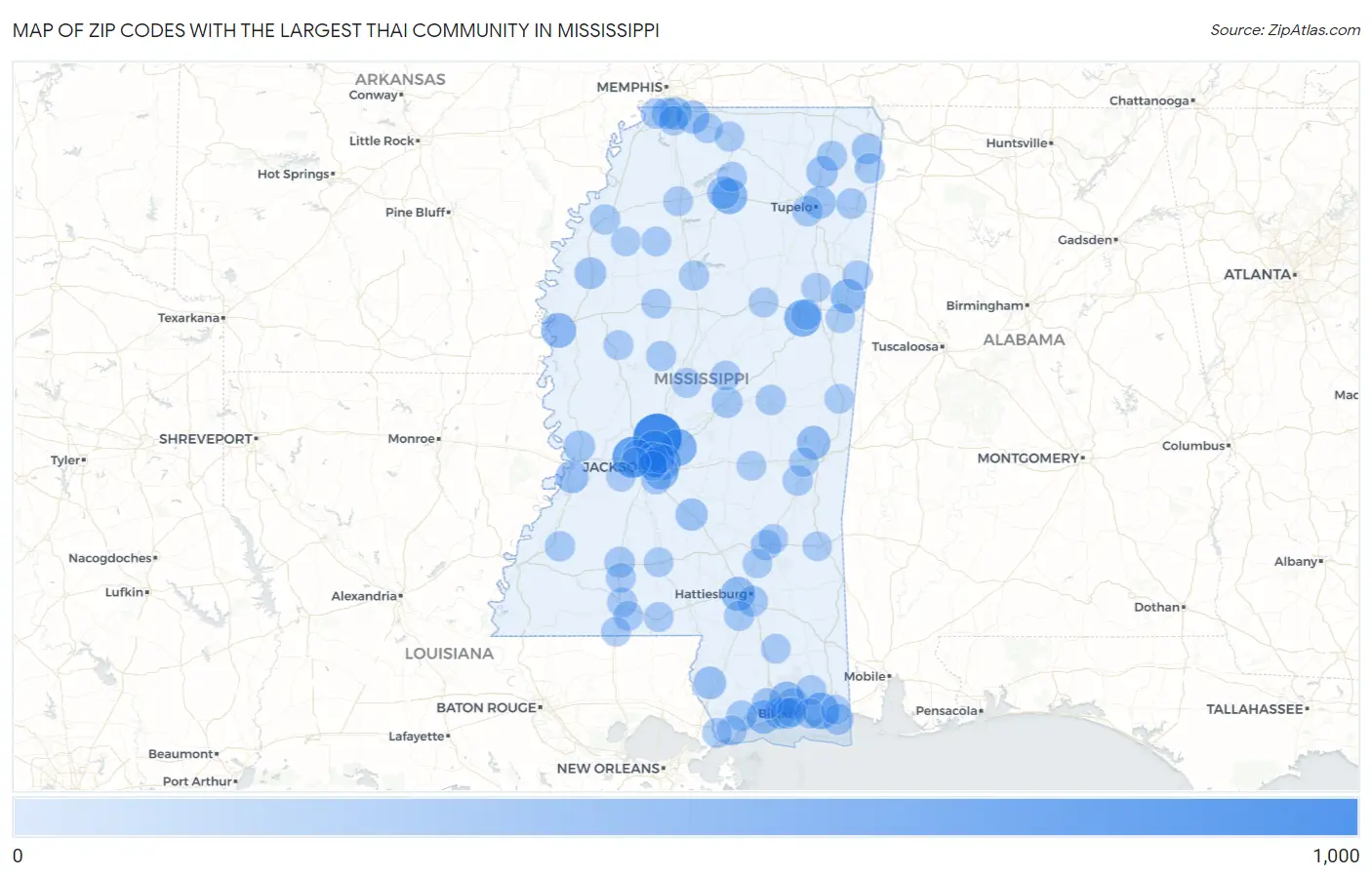 Zip Codes with the Largest Thai Community in Mississippi Map