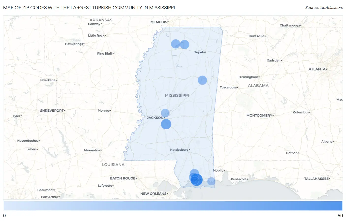 Zip Codes with the Largest Turkish Community in Mississippi Map