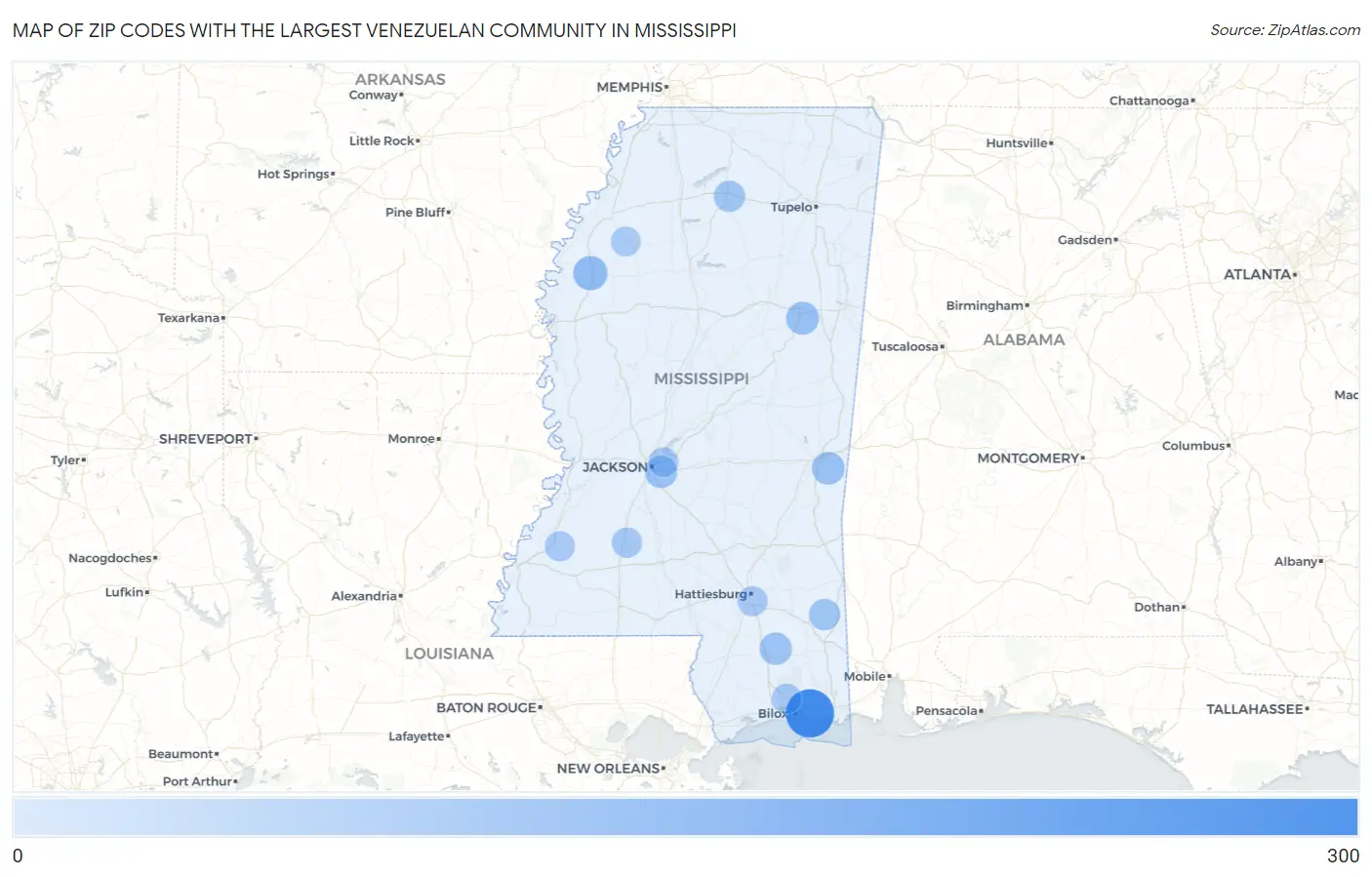 Zip Codes with the Largest Venezuelan Community in Mississippi Map
