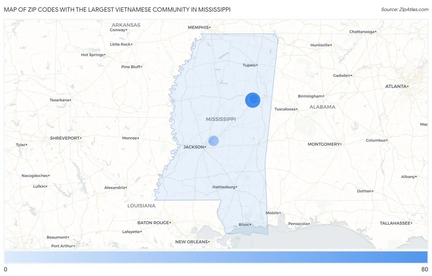 Zip Codes with the Largest Vietnamese Community in Mississippi Map
