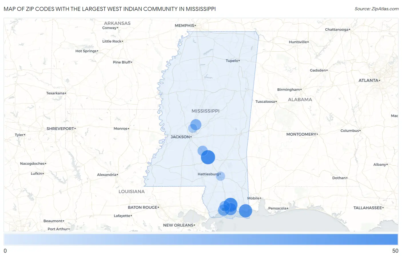 Zip Codes with the Largest West Indian Community in Mississippi Map