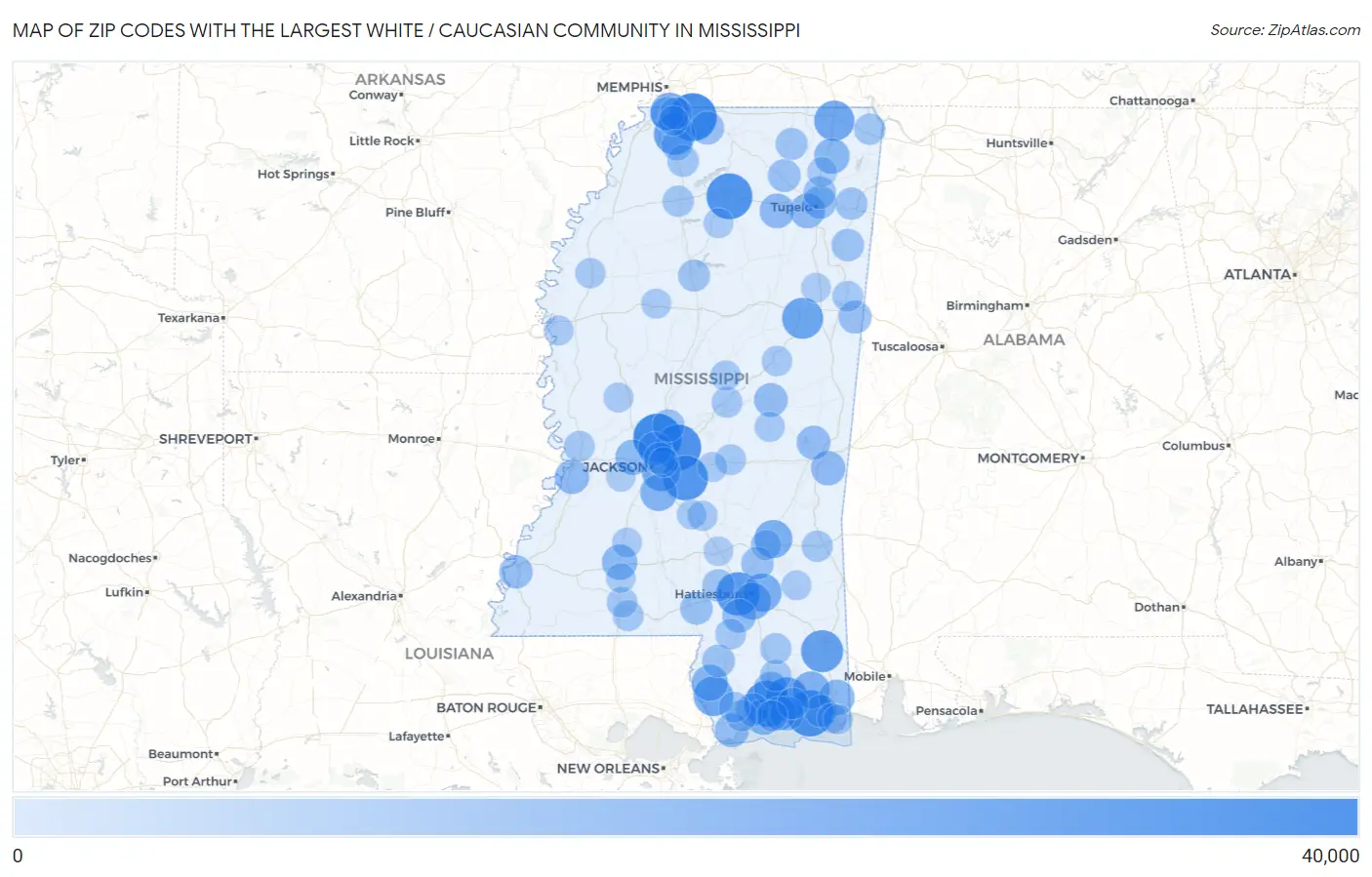 Zip Codes with the Largest White / Caucasian Community in Mississippi Map