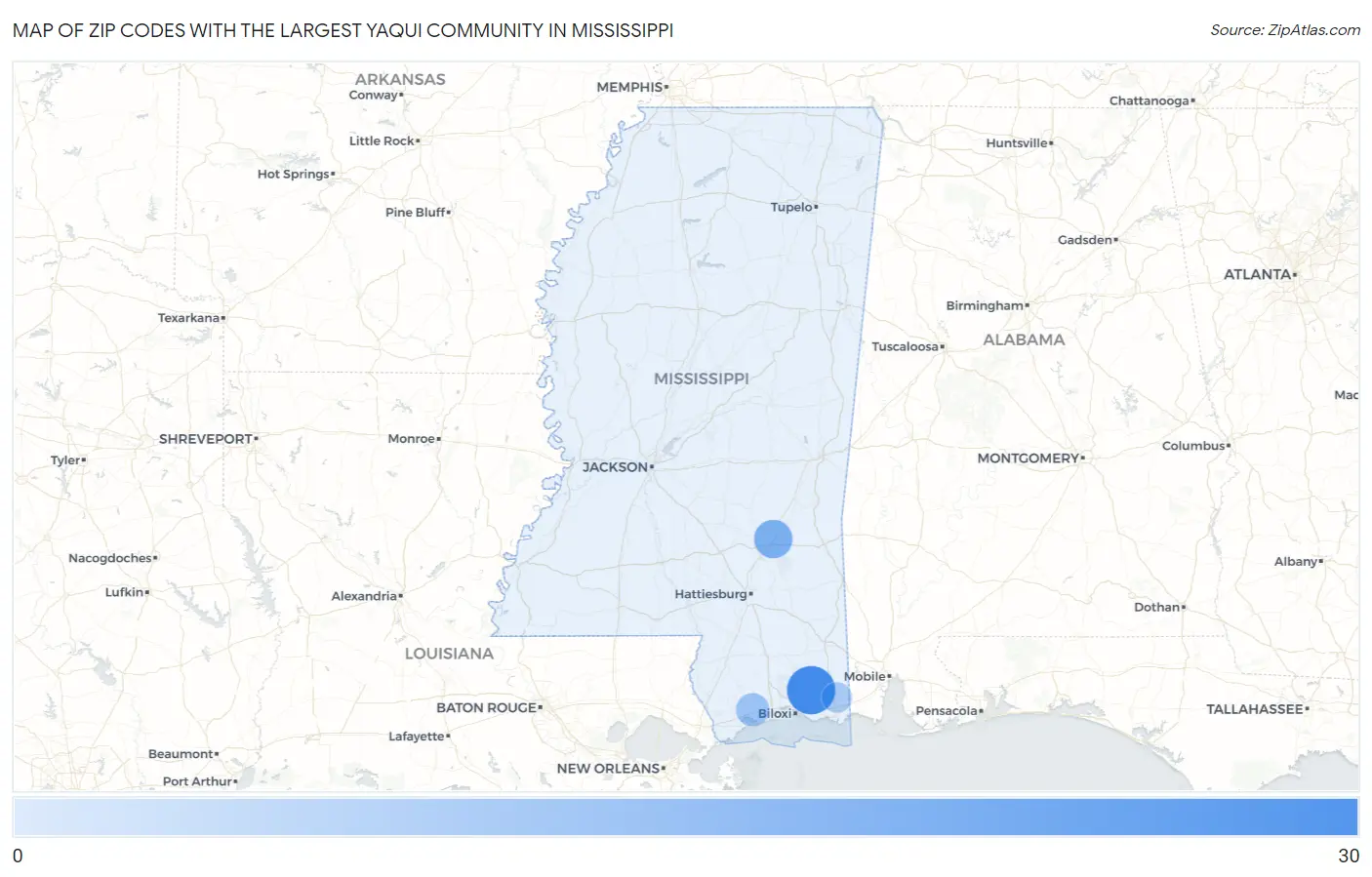 Zip Codes with the Largest Yaqui Community in Mississippi Map