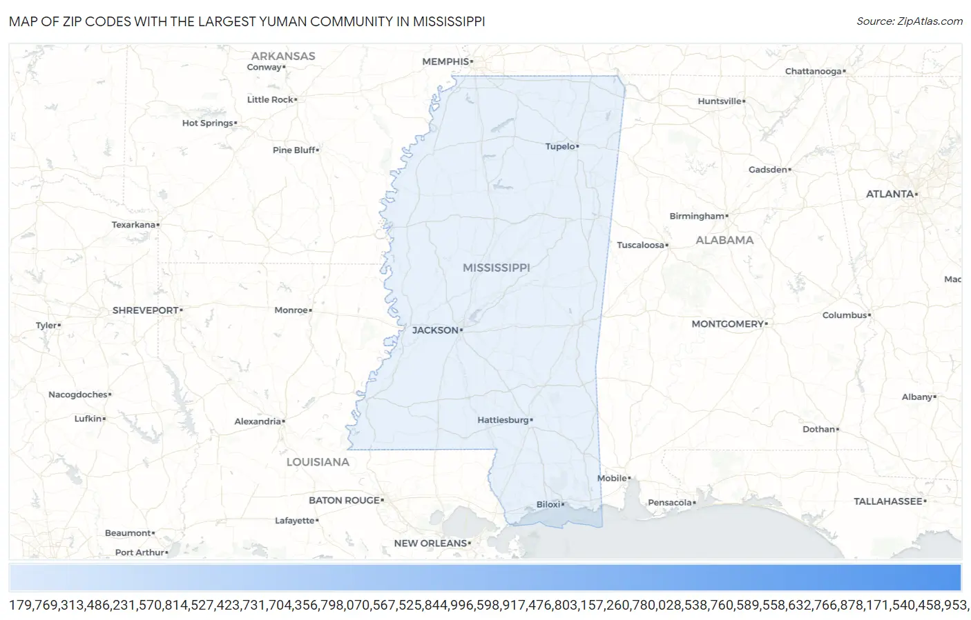 Zip Codes with the Largest Yuman Community in Mississippi Map