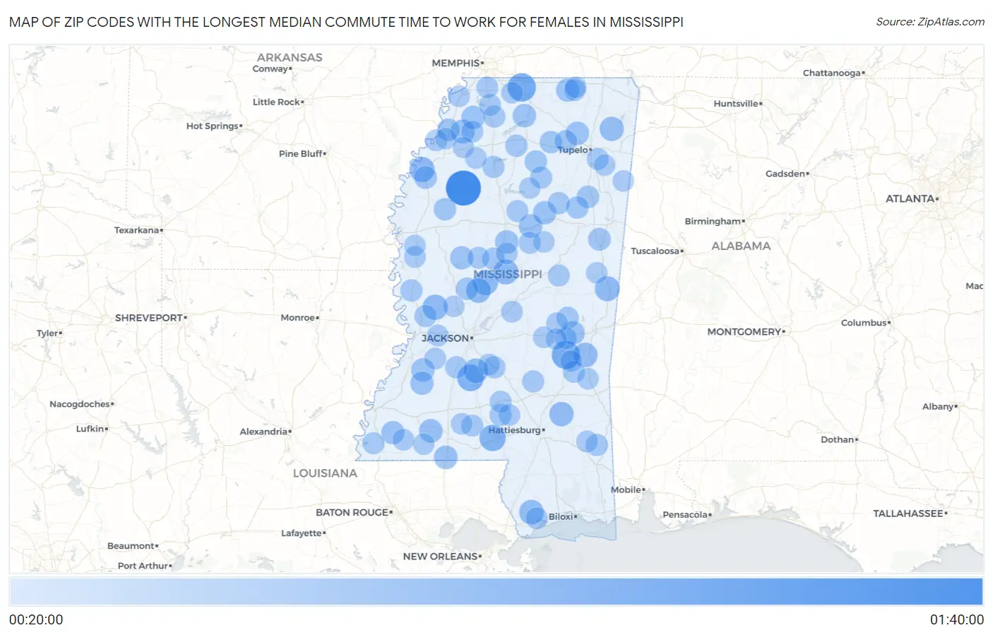 Zip Codes with the Longest Median Commute Time to Work for Females in Mississippi Map
