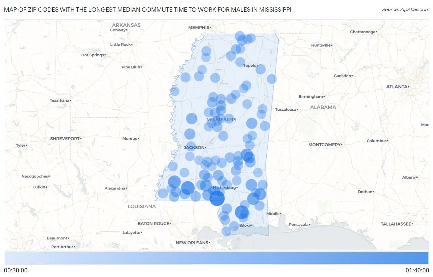 Zip Codes with the Longest Median Commute Time to Work for Males in Mississippi Map