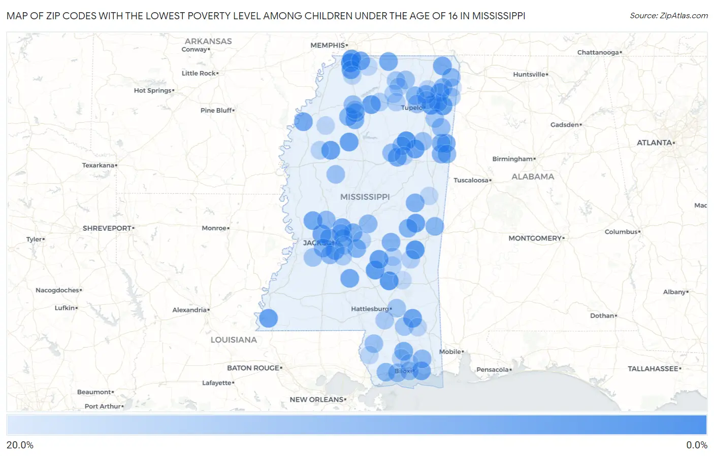 Zip Codes with the Lowest Poverty Level Among Children Under the Age of 16 in Mississippi Map