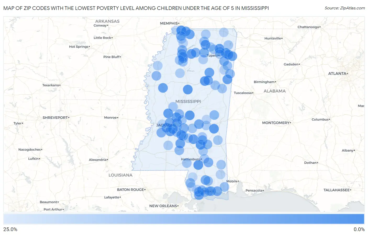 Zip Codes with the Lowest Poverty Level Among Children Under the Age of 5 in Mississippi Map