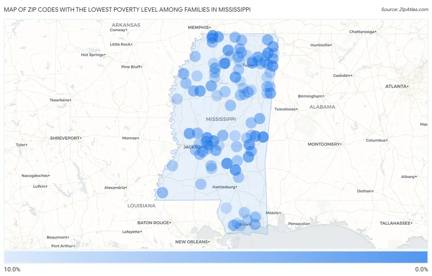 Zip Codes with the Lowest Poverty Level Among Families in Mississippi Map