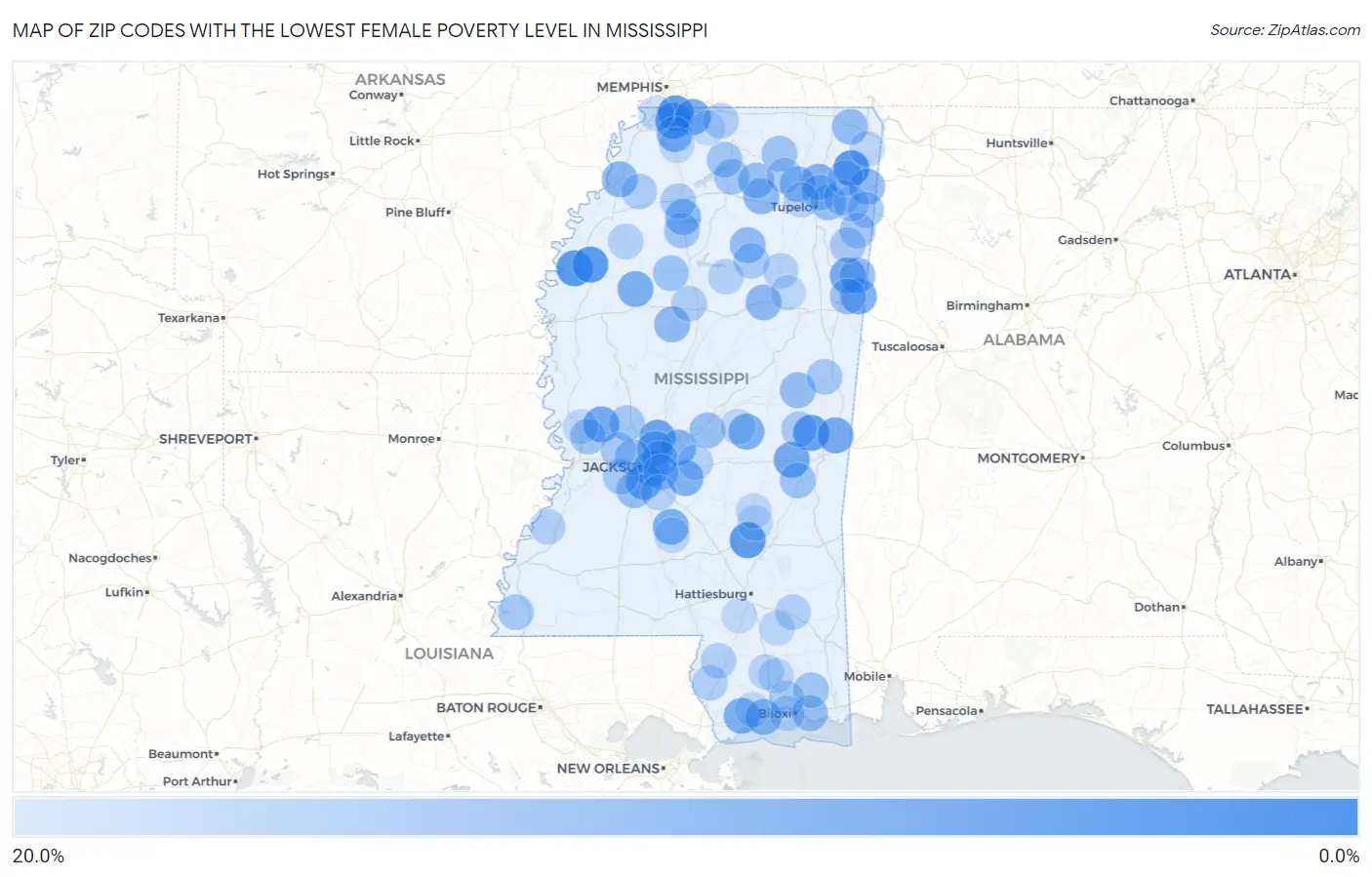 Zip Codes with the Lowest Female Poverty Level in Mississippi Map