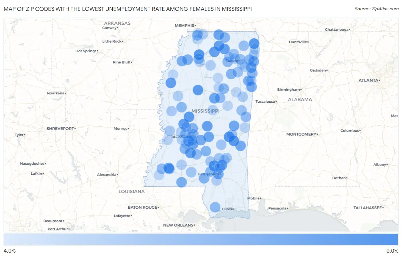 Zip Codes with the Lowest Unemployment Rate Among Females in Mississippi Map