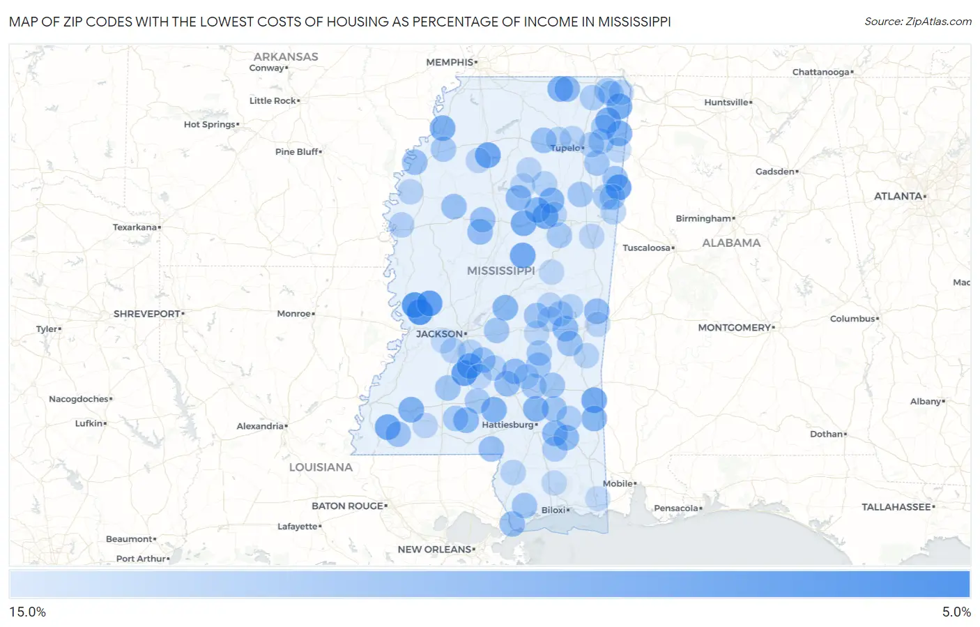Zip Codes with the Lowest Costs of Housing as Percentage of Income in Mississippi Map