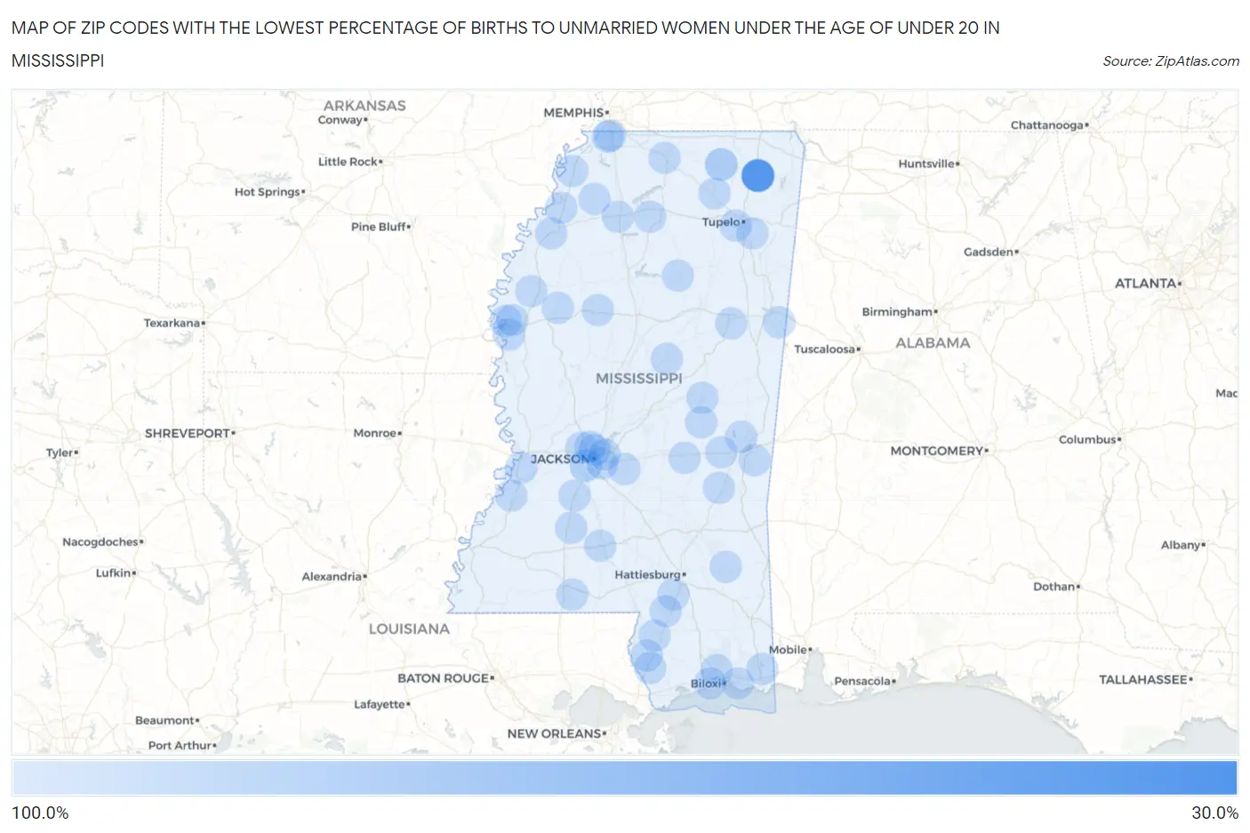 Zip Codes with the Lowest Percentage of Births to Unmarried Women under the Age of under 20 in Mississippi Map