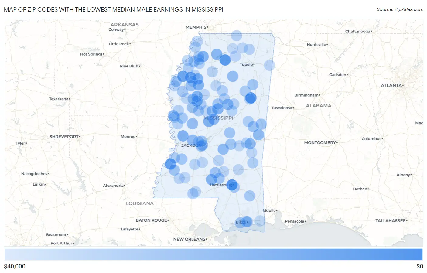 Zip Codes with the Lowest Median Male Earnings in Mississippi Map