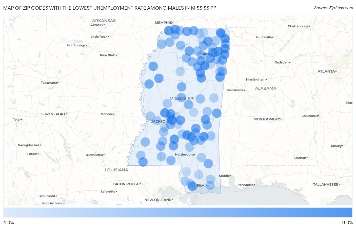 Zip Codes with the Lowest Unemployment Rate Among Males in Mississippi Map
