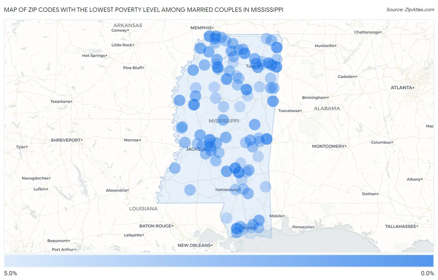 Zip Codes with the Lowest Poverty Level Among Married Couples in Mississippi Map
