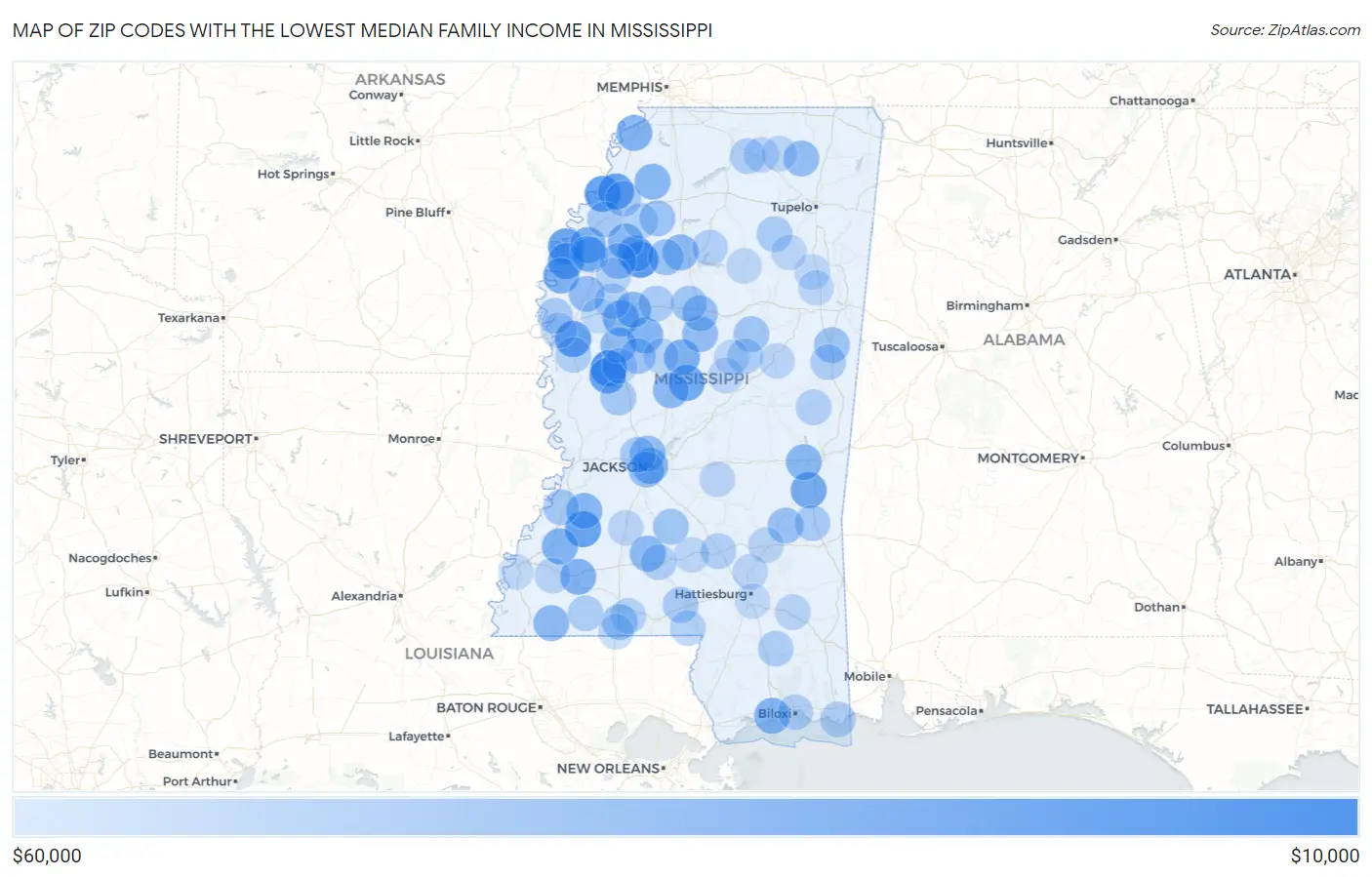 Zip Codes with the Lowest Median Family Income in Mississippi Map