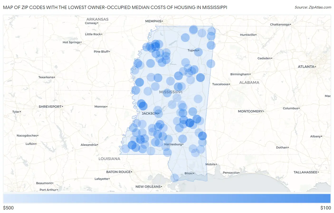 Zip Codes with the Lowest Owner-Occupied Median Costs of Housing in Mississippi Map
