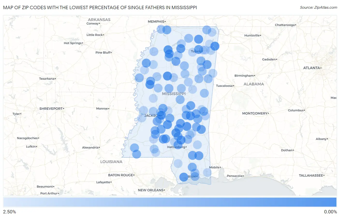Zip Codes with the Lowest Percentage of Single Fathers in Mississippi Map