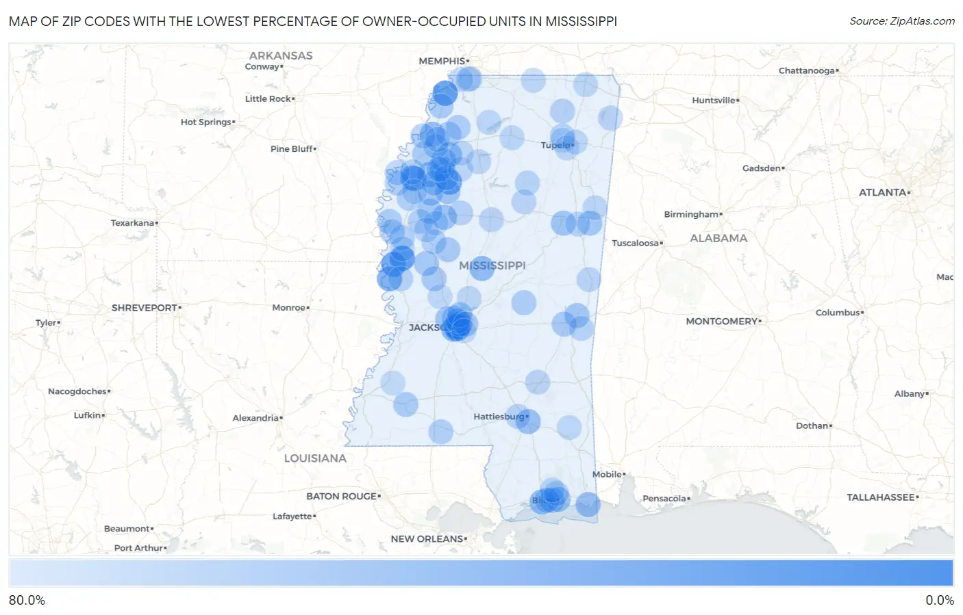 Zip Codes with the Lowest Percentage of Owner-Occupied Units in Mississippi Map