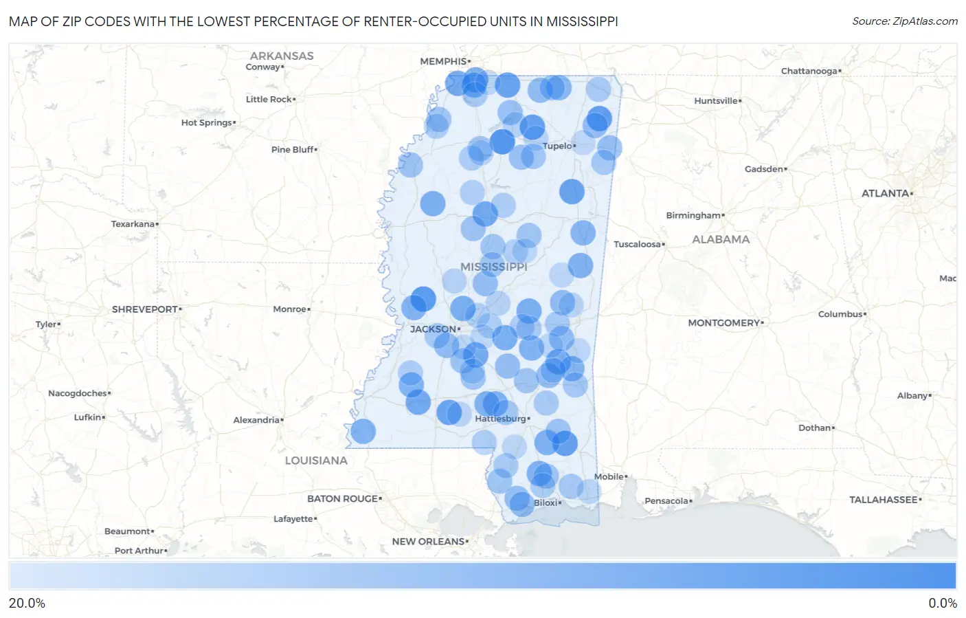 Zip Codes with the Lowest Percentage of Renter-Occupied Units in Mississippi Map