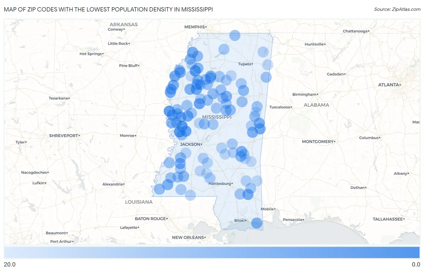 Zip Codes with the Lowest Population Density in Mississippi Map