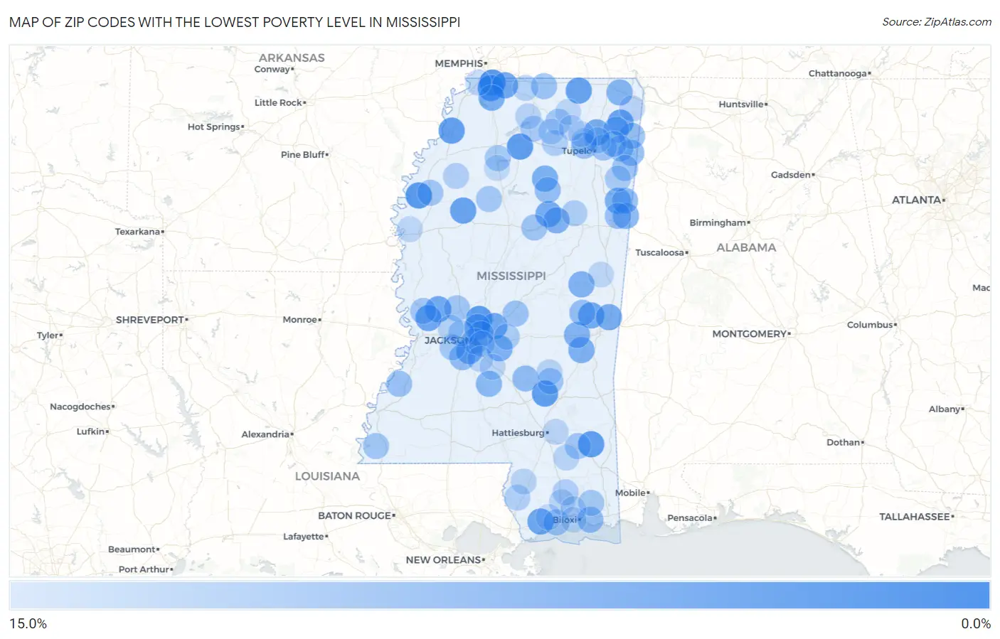 Zip Codes with the Lowest Poverty Level in Mississippi Map