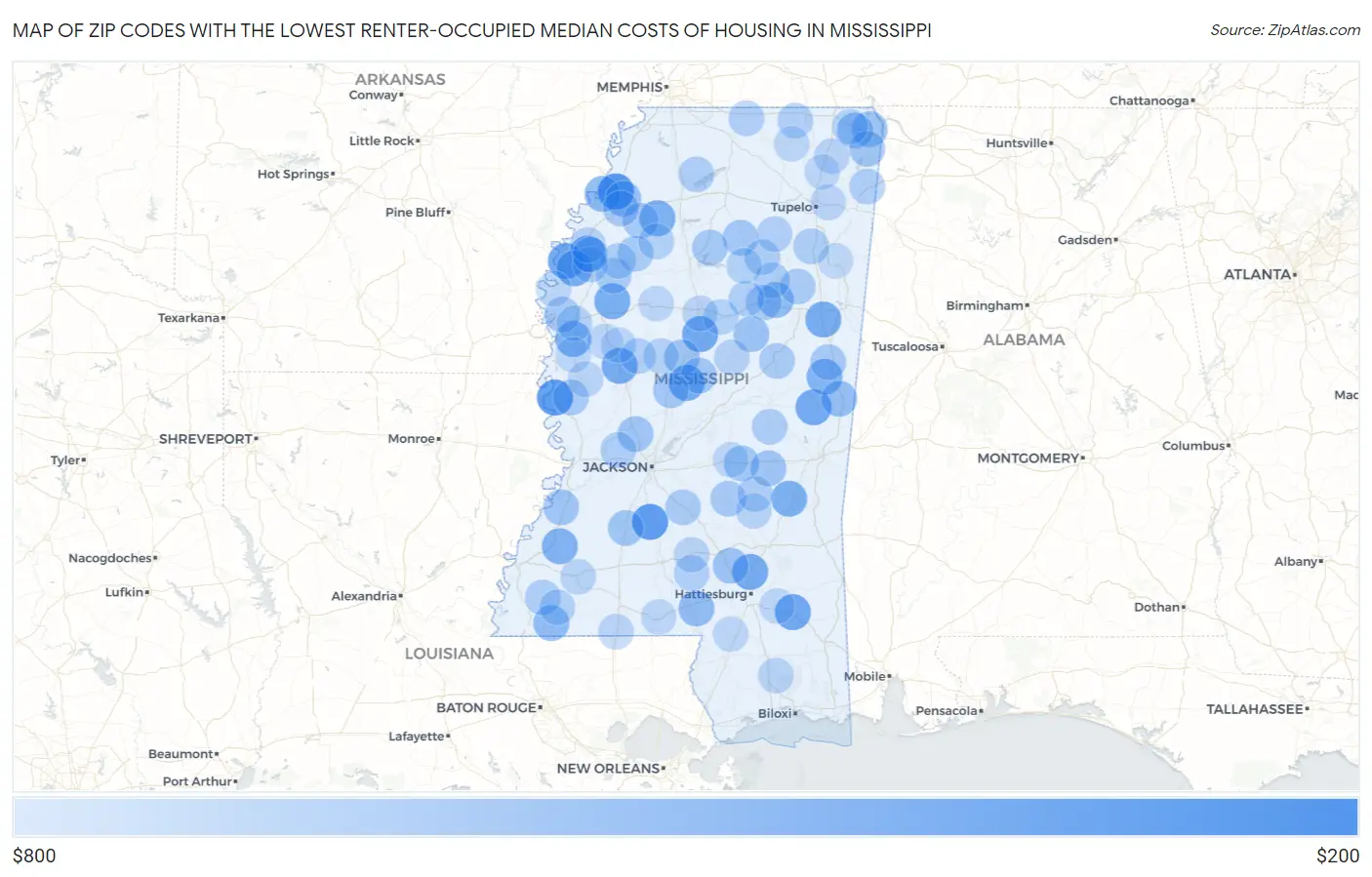 Zip Codes with the Lowest Renter-Occupied Median Costs of Housing in Mississippi Map