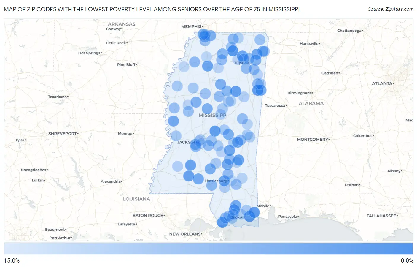 Zip Codes with the Lowest Poverty Level Among Seniors Over the Age of 75 in Mississippi Map