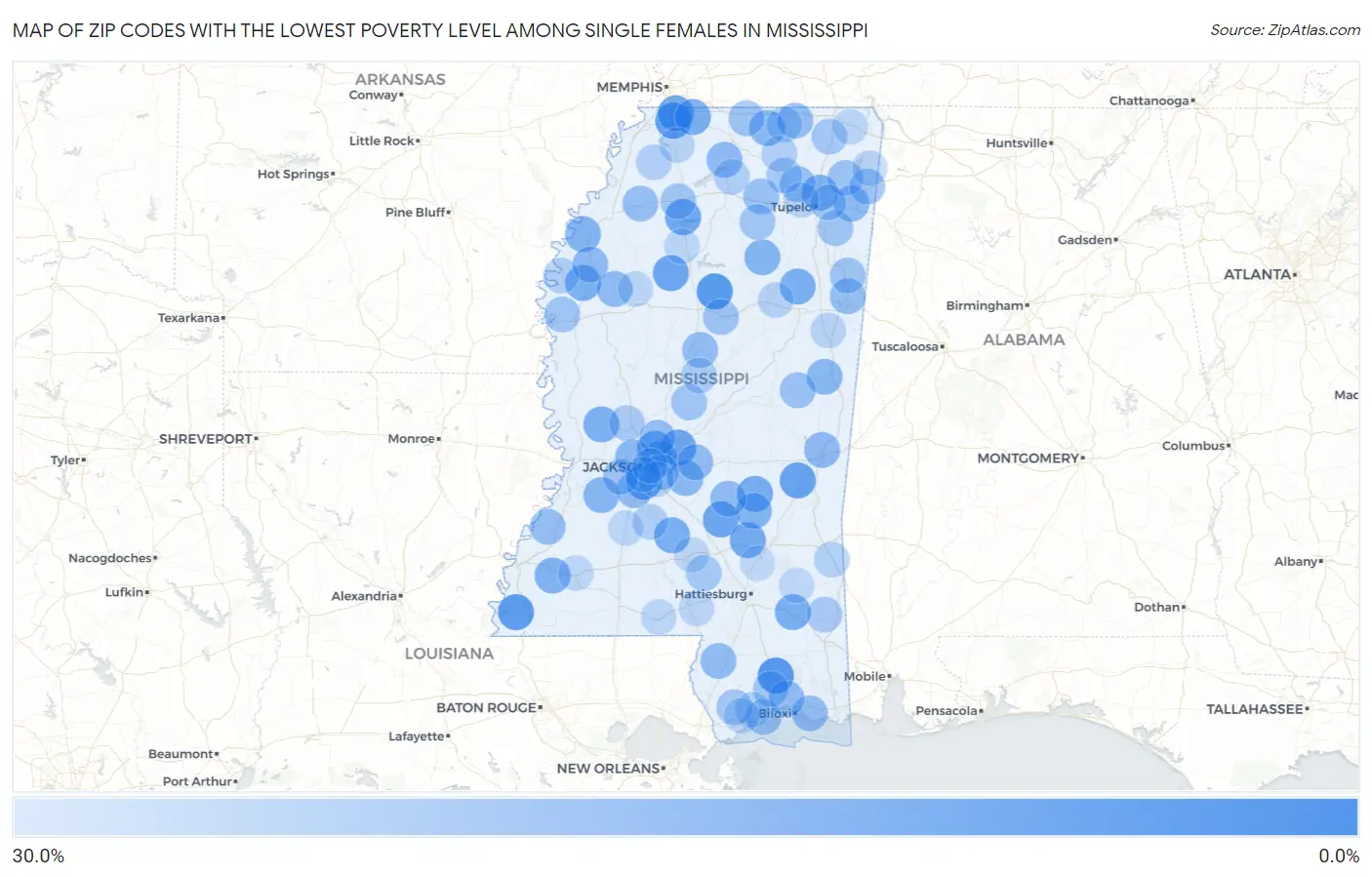 Zip Codes with the Lowest Poverty Level Among Single Females in Mississippi Map